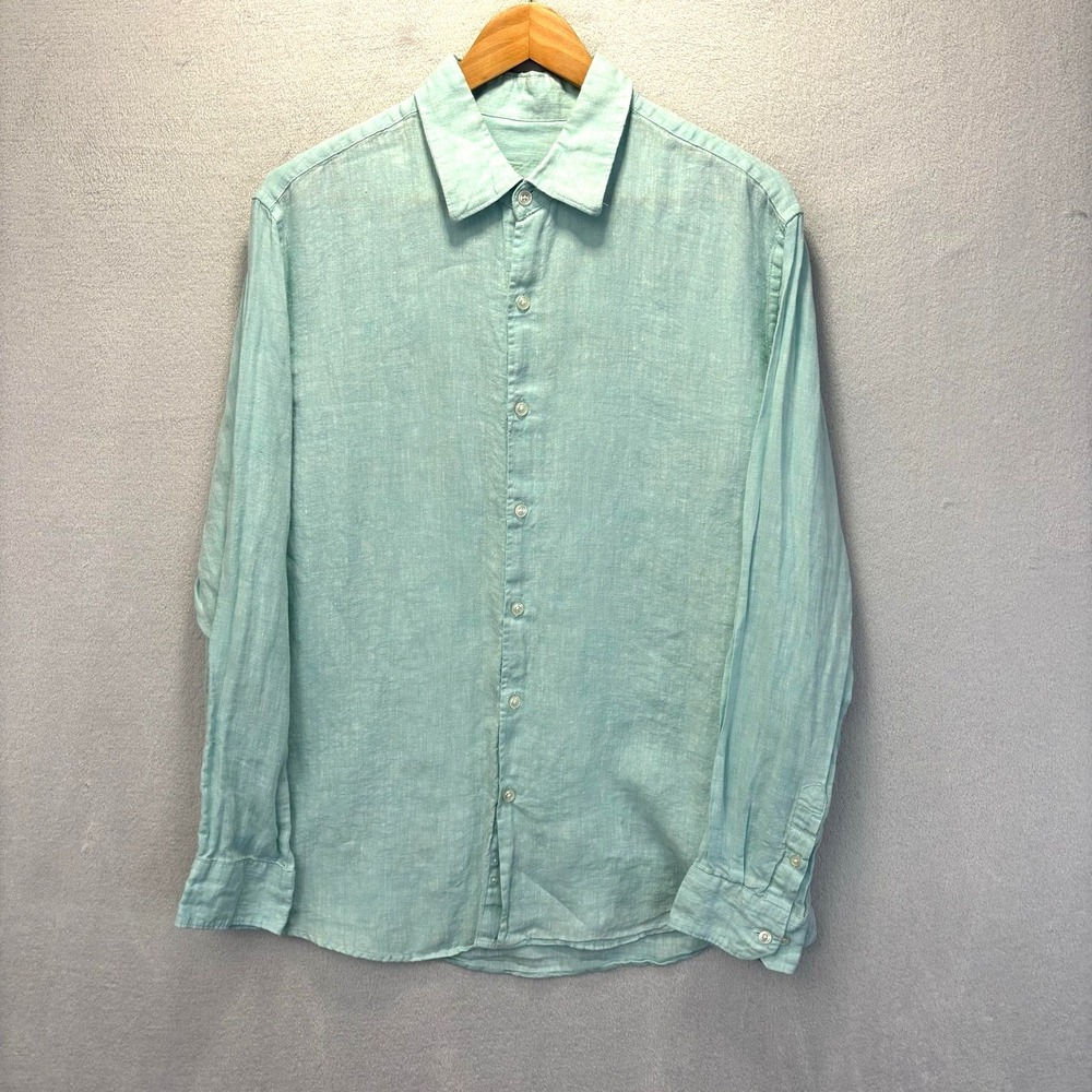 Tasso Elba 100% Linen Button Up Shirt Mens XL Blue Long Sleeve Casual Summer
